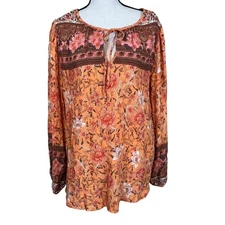 UMGEE Orange Floral Fall Print Long Sleeve Tie Neck Blouse Women's Size L