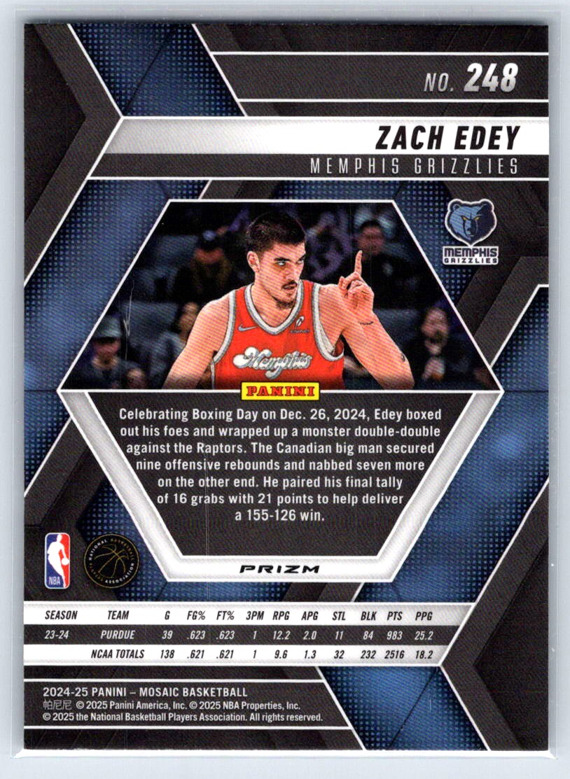 2024-25 Panini Mosaic - Rookies Zach Edey #248 Mosaic Prizm (RC