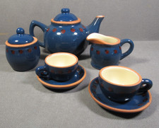 Bearware Mini Tea Set Boyds Child's Blue Glazed Redware 9 Pc NO CHIPS Decorative