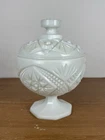 Kemple Hobstar And Fan Lidded Satin Milk Glass Candy Dish Vintage