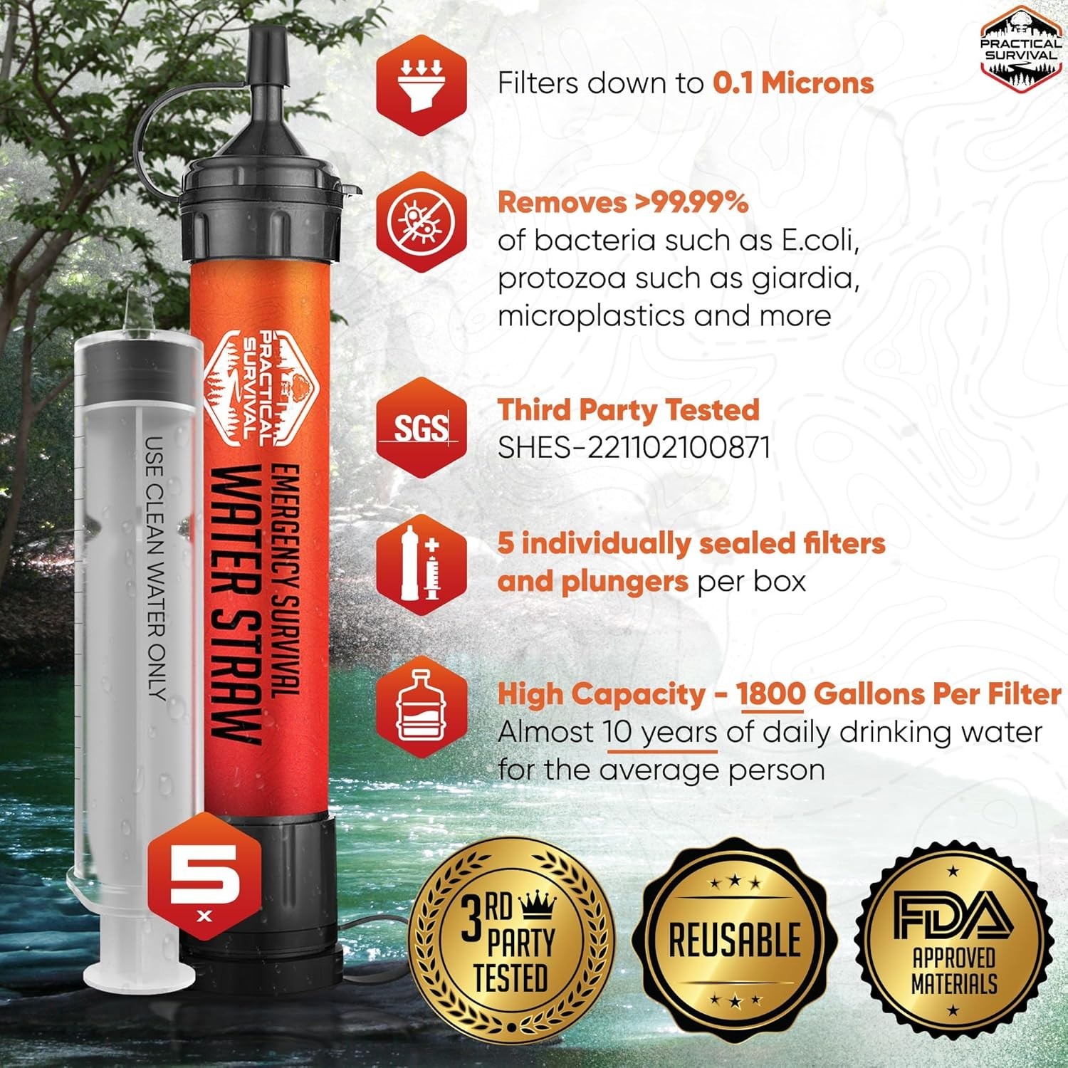 5 Pack Emergency Water Filter Straw 1800 Gallon Filtration Camping Survival Gear alternate view 5