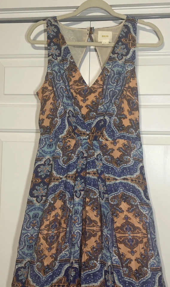 Maxi Vestido Anthropologie Maeve Medallón Corte 100% Seda Azul Melocotón Blanco Talla 8P Foto 3 de 4