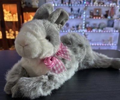 Walmart Bunny Rabbit Gray White 13  Laying Plush Stuffed Animal Pink Bow 