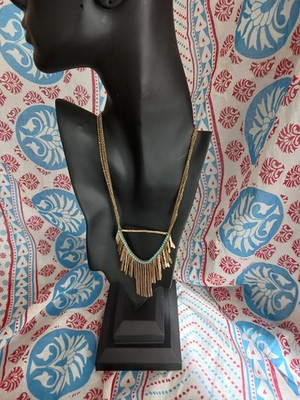 Vintage Necklace Cascading Golden Fringe and Blue Beads Necklace