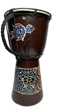 Vintage Djembe Drum Hand Crafted Percussion Instrument Painted Turtle Design