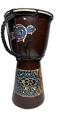 Vintage Djembe Drum Hand Crafted Percussion Instrument Painted Turtle Design