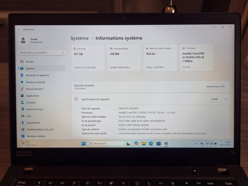 Ordinateur PORTABLE LENOVO Thinkpad T14 gen 1 i5 10310U 16 Go RAM 512 Go SSD (2) - Photo 9/9