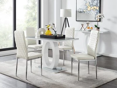 GIOVANI White High Gloss Grey Glass Dining Table & 4 Faux Leather Milan Chairs