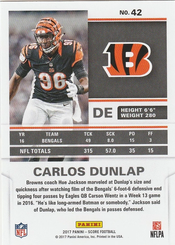 Carlos Dunlap CINCINNATI BENGALS 2017 SCORE BLUE SHOWCASE 93/99 #42 - Image 2 of 2