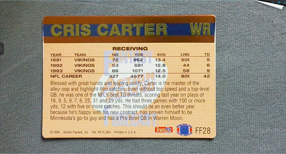 1994 Action Packed Fantasy Forecast #FF28 Cris Carter Vikings - Image 2 of 2