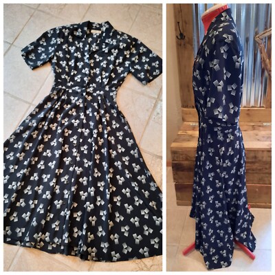 Vtg 90s Long Button Front Dress 10 Black Geometric Liz Claiborne