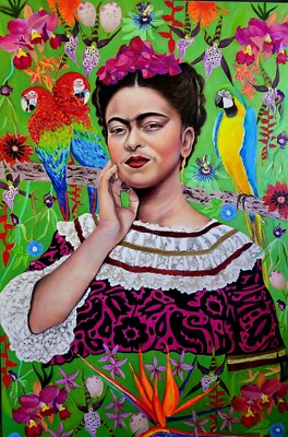 Large Frida Kahlo colorful flowers tropical Mexican original oil painting artwor