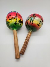 Pair of Vintage Hand Painted Wood Gourd Maracas from Antigua W.I. 1996