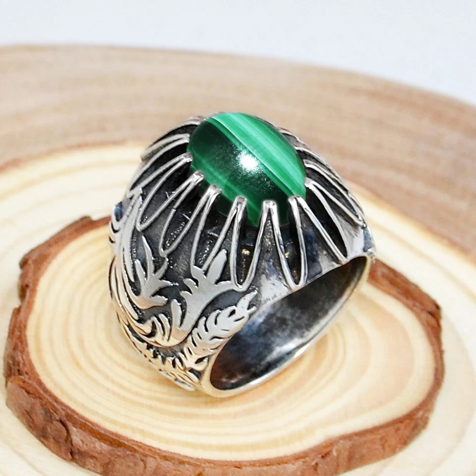 Anillo de plata de ley 925 de corte ovalado de malaquita estilo turco para hombre joyería Foto 2 de 3
