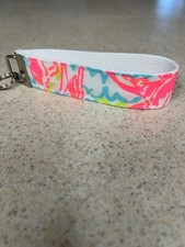 Key Ring Fob - Wristlet Style - Designer Lobster Fabric on White Webbing - NEW