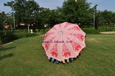 Handmade Umbrella Large Indian Garden Umbrella White  Pink Elephant Embroidery