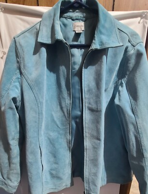 Chicos Light Blue Teal Suede Leather Full Zip Moto Jacket Womens Size 