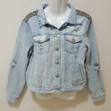 Amp Sears Light Blue Denim Jean Jacket Leopard Trim Punker Distressed Sz M Nwt 