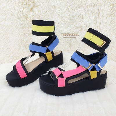 Pazzle 2'' Flatform Harness Strap Sandal Comfy New Shoe US 6-11 Black Multi