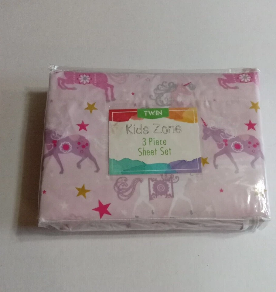 Unicorn Twin Sheets 3 Piece Pink Purple Flat Fitted Pillowcase Girls Bedding - Image 2 of 4
