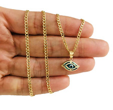 14K Solid Yellow Gold Blue Evil Eye Pendant Necklace- 20" Curb Chain - PT1717