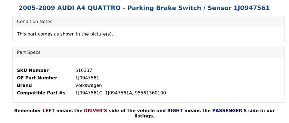 AUDI A4 QUATTRO 2005-2009 - Interruptor de freno de estacionamiento/sensor 1J0947561 Foto 3 de 3