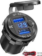 [Metal Shell] 12V USB Outlet Dual QC 3.0:  Aluminum Socket 12 Volt Motorcycle US
