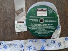 Kirkland Christmas Holiday Ribbon Wire-Edge Blue  Silver Snowflakes 2.5" wide