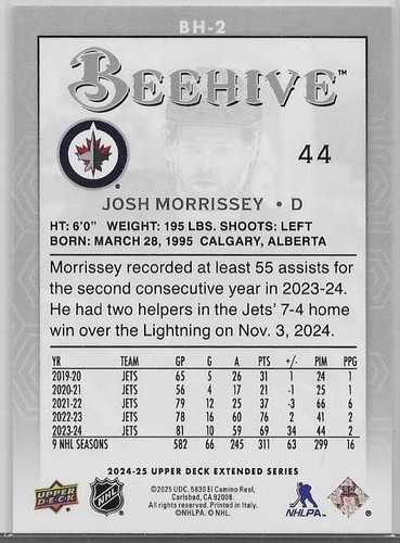 JOSH MORRISSEY 2024-25 UPPER DECK EXTENDED SERIES SILVER BEEHIVE - Picture 2 of 2