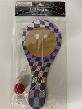 1 New LASER PADDLE BALL 2 Sided Smiley Faces, Checkered Holographic NIP
