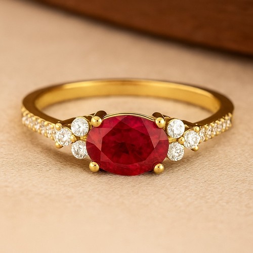 Oval Ruby & Diamond Engagement Ring 14k Solid Gold July Birthstone # 1064 - Picture 2 of 19