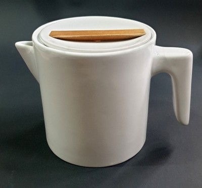 Habitat Greco große Teekanne Kaffee Vintage Retro MCM weiß Holzdeckel Griff