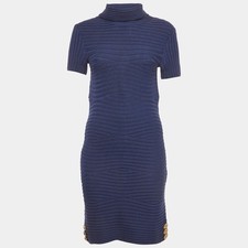 Versace Collection Navy Blue Wool Knitted Turtleneck Mini Dress S