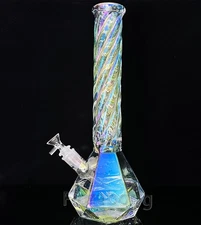 15" Iridescent Glass Bong Percolator Water Pipe Thick Smoking Hookah Beaker