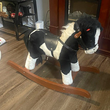 Black White Plush Rocking Horse Toy w/ Wooden Rocker Base Handles