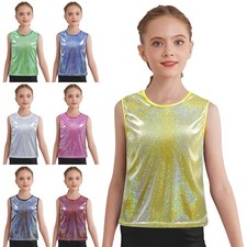 Girls Vest Competition Tank Top Disco Shirt Workout Round Neck Gymnastics Jazz