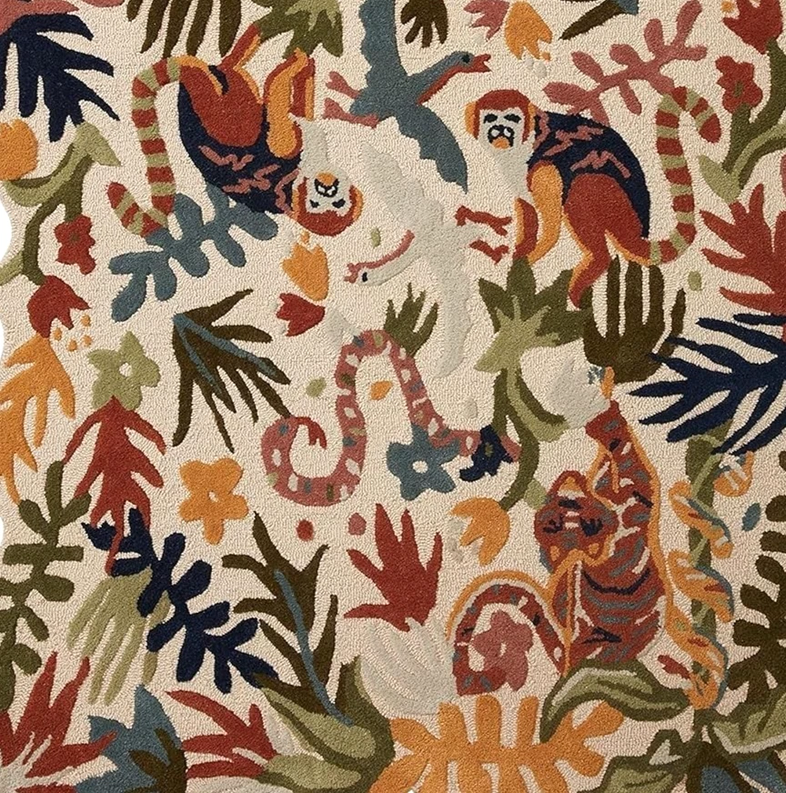 Tapetes de área de lã feitos à mão com design floral de folhas e animais - Imagem 4 de 4