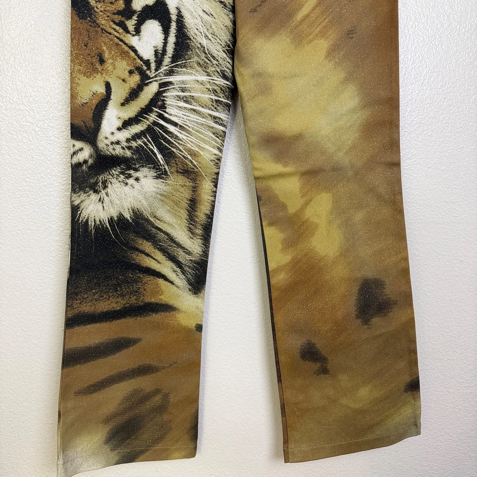 Pantalones De Colección Años 90 Y2K BeBe Bootcut Talla S Marrón Gráfico Tigre Gato Brillo Novedad Foto 3 de 4