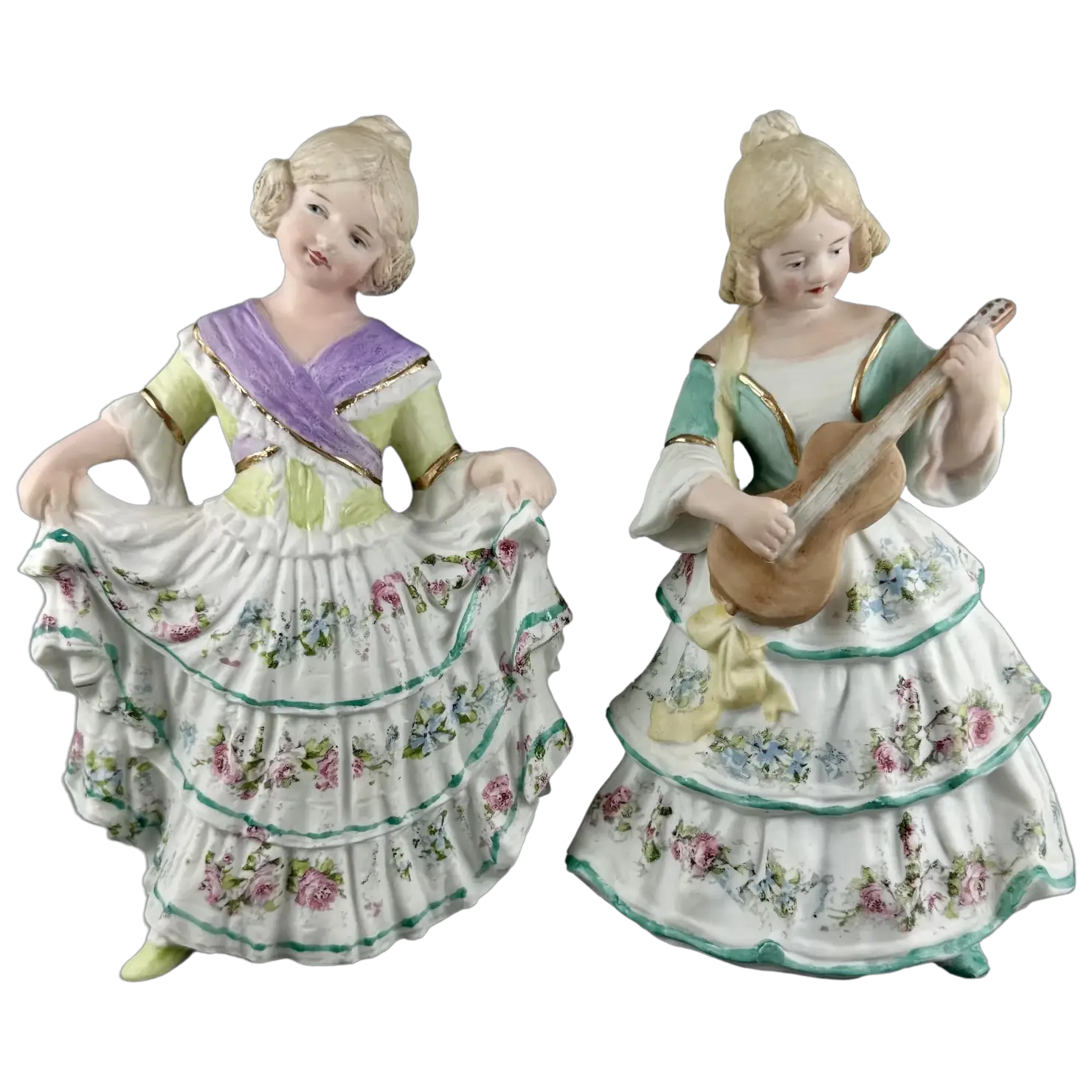 Heubach Bisque Figurine Pair, Two Girls, Flamenco Dancers, 7.25” H