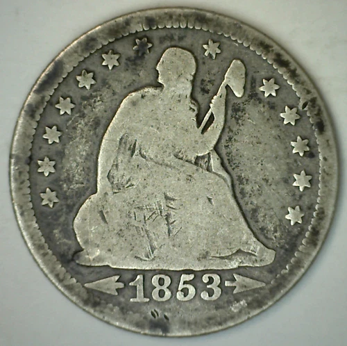 1853 Silver Seated Liberty Quarter 25c US Coin Arrows & Rays Circulated GOOD