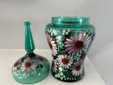 Emerald Green Floral Lidded Jar Hand Decorative Hand Painted Signed Art Glass