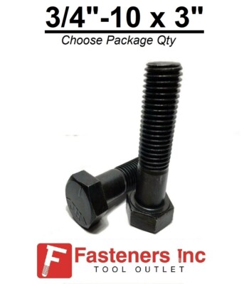 3/4-10 x 3'' Hex Bolt Plain Black Steel Grade 5 Cap Screw PT (Choose Qty)