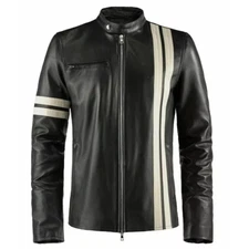 Men's Slim Fit Black Leather Racer Jacket with White Stripes
