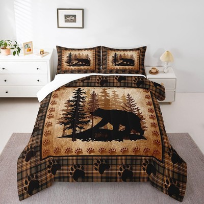 Bear Print Comforter Set Queen Size,Wild Animal Hunt Pine Trees Retro Bedding...