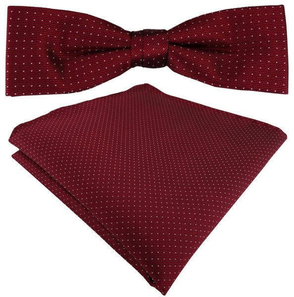 Schmale Tigertie Seidenfliege + Einstecktuch In Bordeaux Silber Gepunktet + Box-image