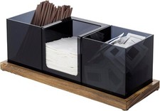 Black Acrylic Coffee and Tea Station Organizer w/ Brown Wood Tray, 4 Piece Set