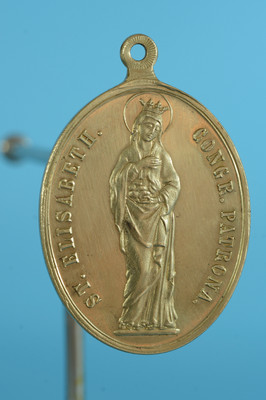 GROSSE UND PRÄCHTIGE ÖSTERREICHISCHE RELIGIÖSE MEDAILLE 19. JH. HEILIGE ELIZABETH JUNGFRAU MARIA BRONZE
