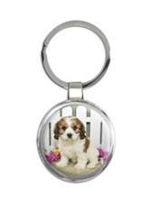 Dog : Gift Round Keychain Pet Animal Puppy Cute Funny Flowers