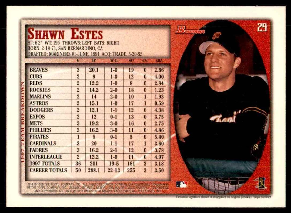 1998 BOWMAN SHAWN ESTES SAN FRANCISCO GIANTS #29 - Image 2 of 2