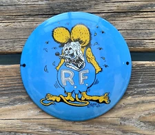 VINTAGE RATFINK RF 6" DOME GASOLINE PORCELAIN SERVICE OIL GAS STATION PUMP SIGN